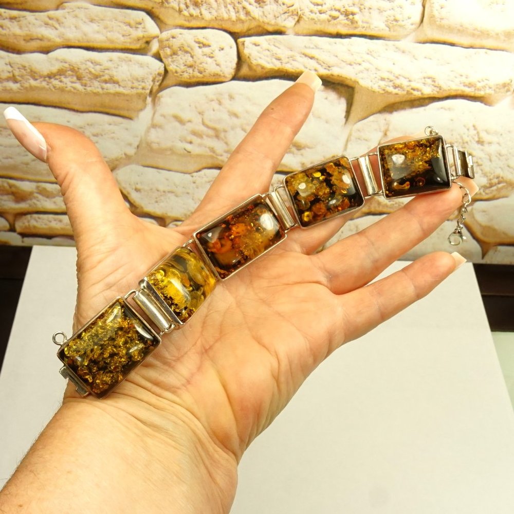 AMBER and 925 SILVER HEAVY LINK BRACELET 8 inch, Chunky BRACELET, UNISEX GIFT